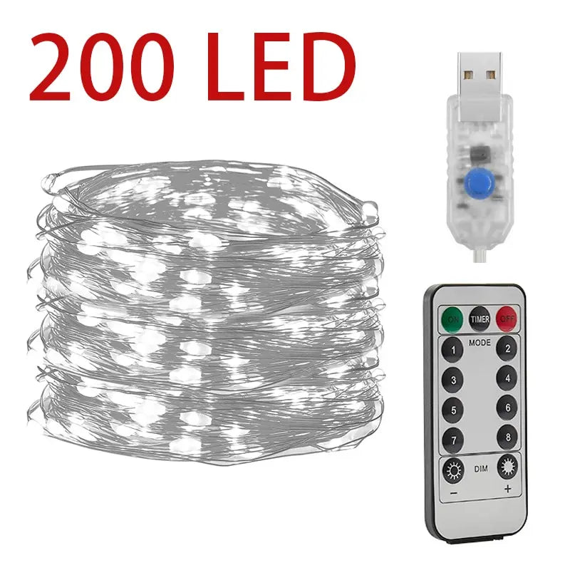 Remote-controlled LED string lights on Christmas tree