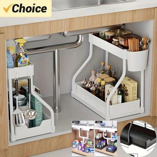 “2-tier pull-out metal under sink organizer with cleaning supplies”