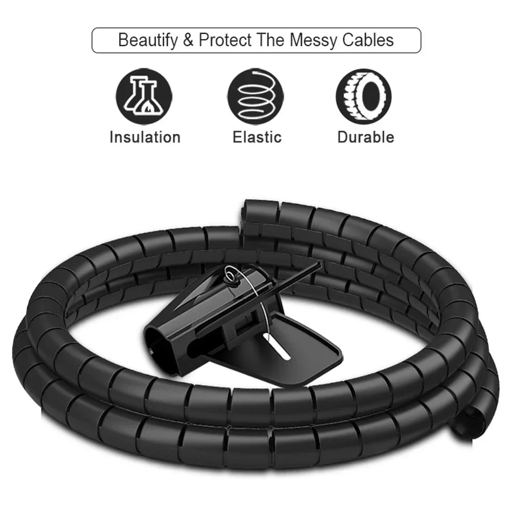 “Black 2 m spiral cable organizer wrapping computer cords”