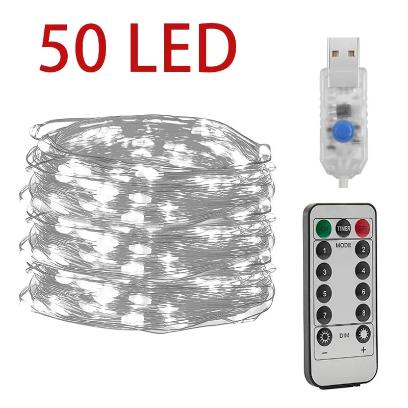 Remote-controlled LED string lights on Christmas tree