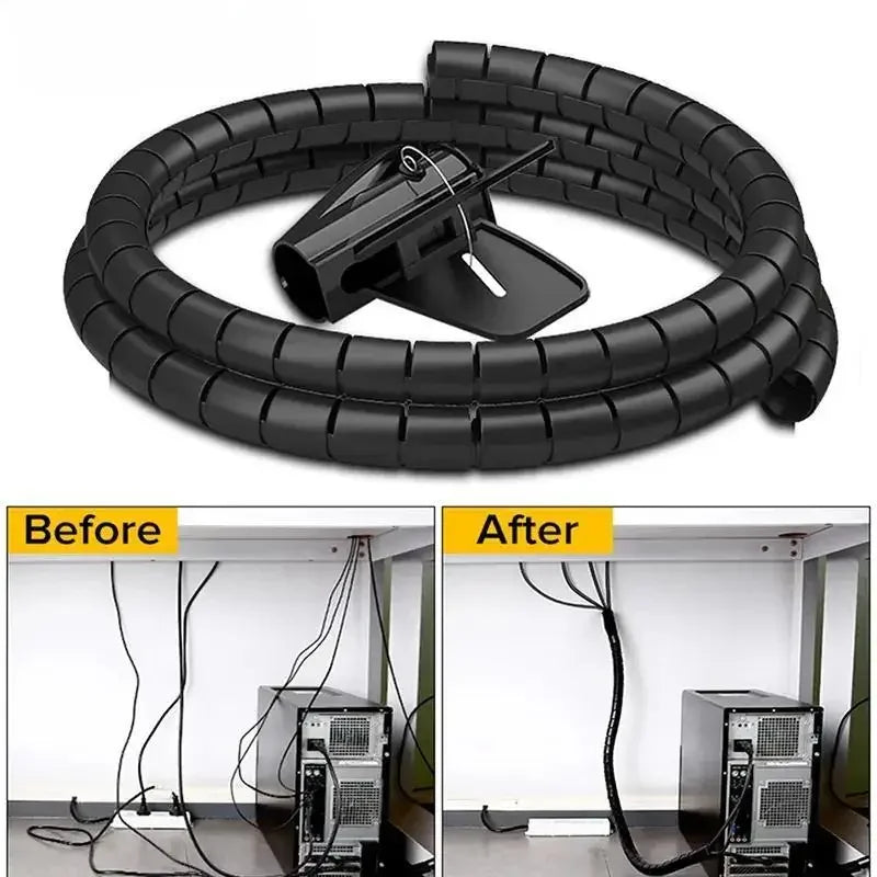 “Black 2 m spiral cable organizer wrapping computer cords”