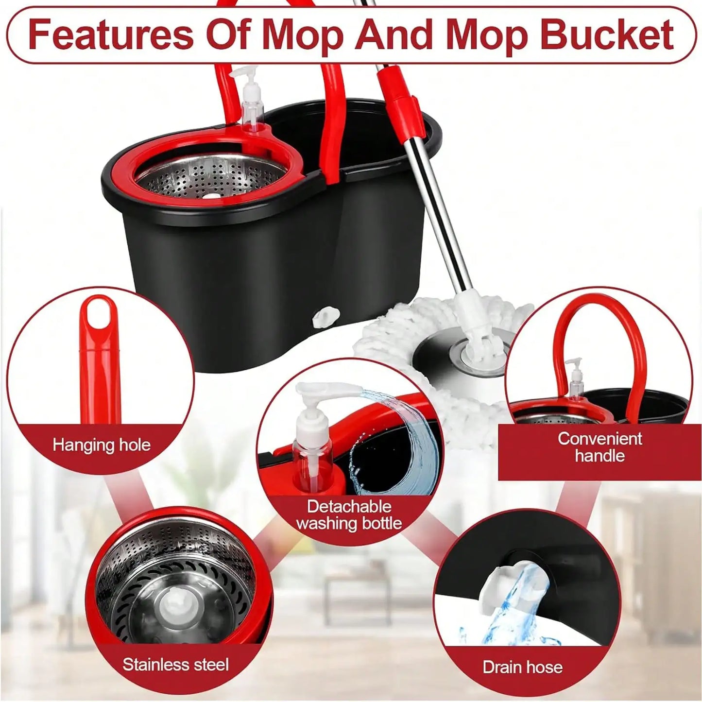Spin mop and bucket set with 3 microfiber heads – black and red