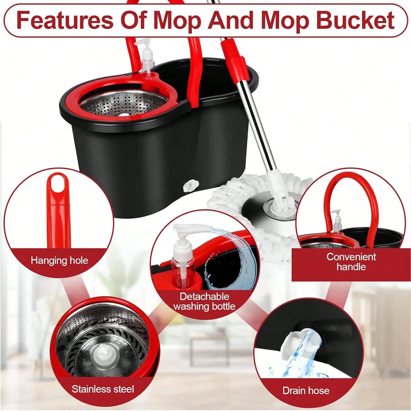 Spin mop and bucket set with 3 microfiber heads – black and red