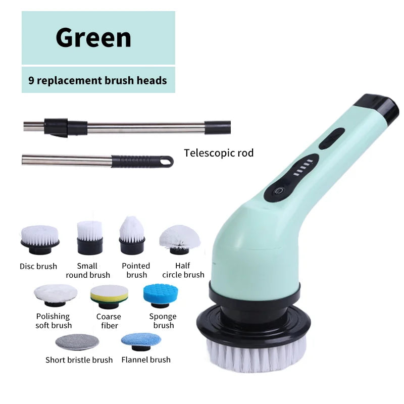 “9-in-1 rechargeable electric spin scrubber cleaning brush with multiple brush heads for kitchen and bathroom”