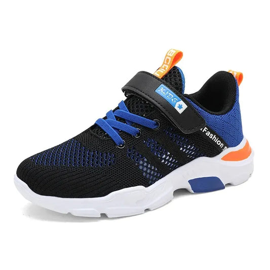 Black and blue sneaker with orange accents on a white background