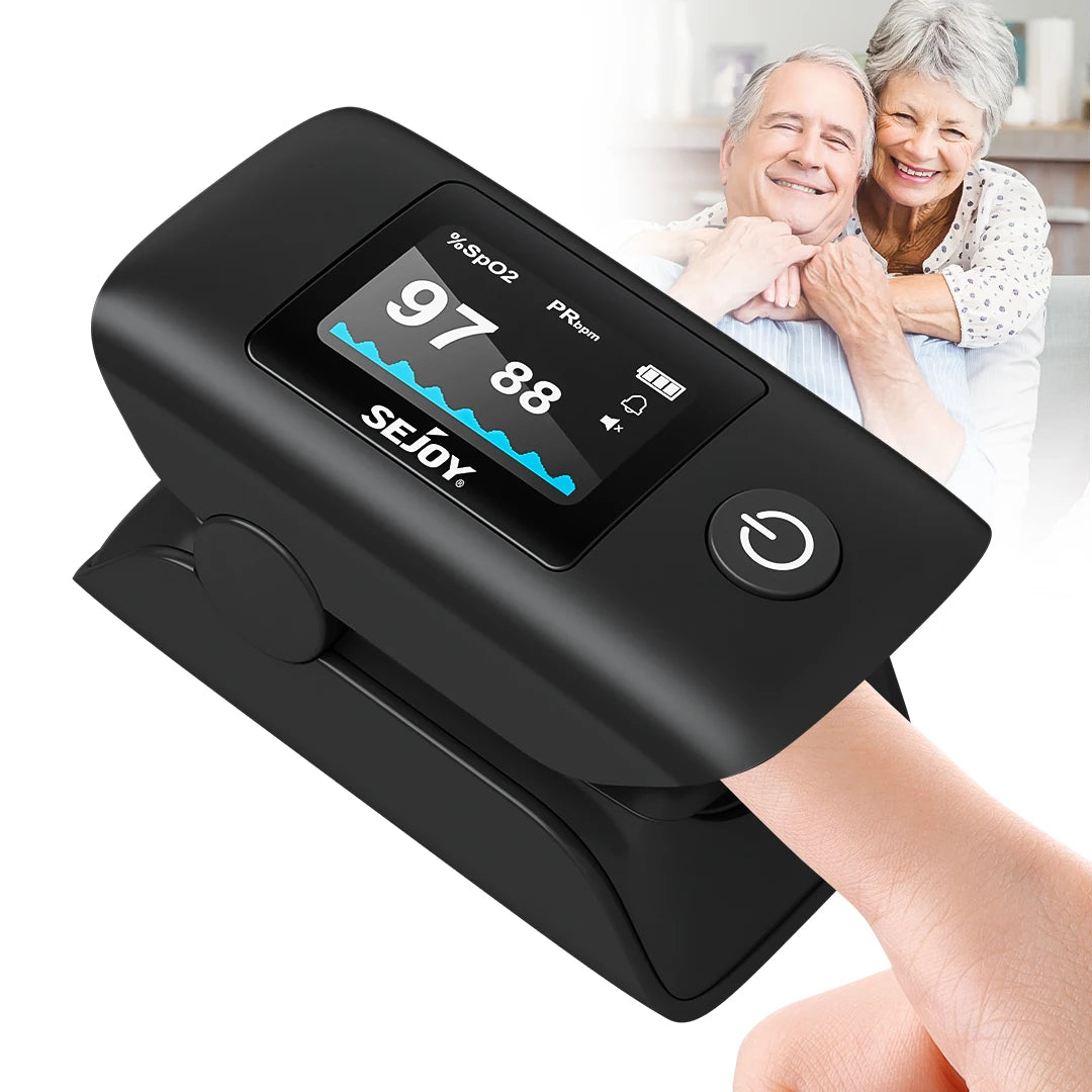Finger pulse oximeter with digital display on a white background, showing heart rate and oxygen saturation levels.