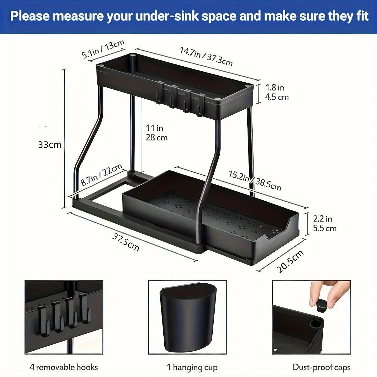 “2-tier pull-out metal under sink organizer with cleaning supplies”