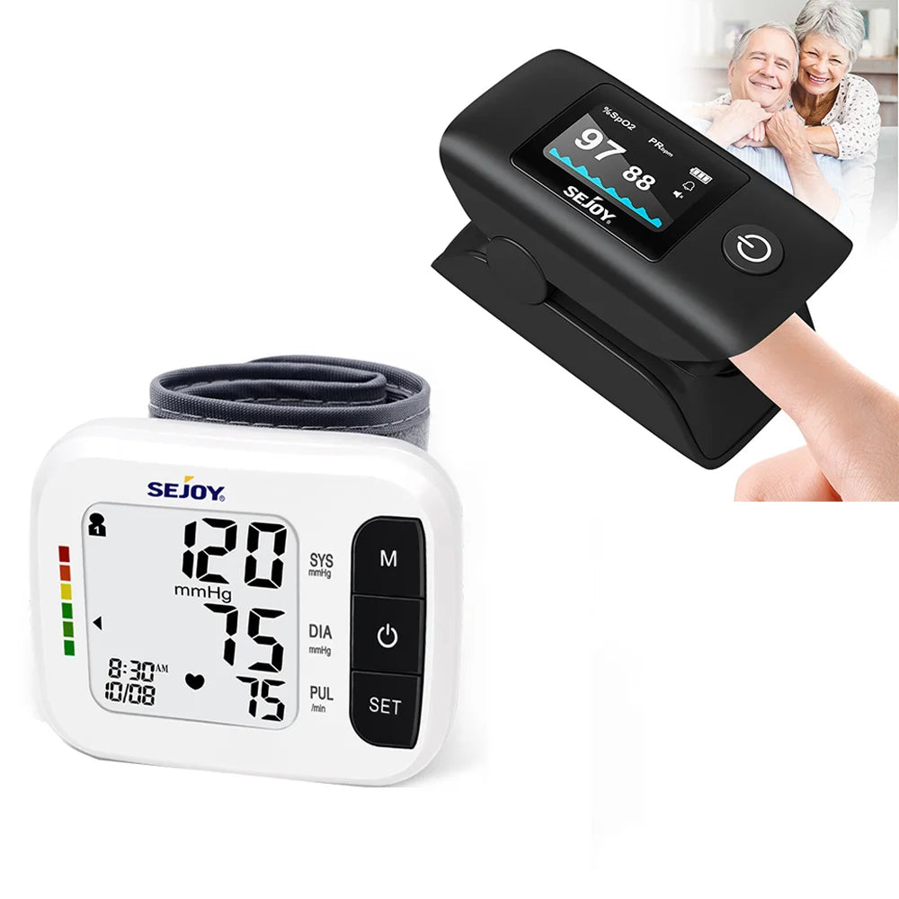 Blood pressure monitor with digital display and wrist cuff, featuring the brand 'Sejoy'.