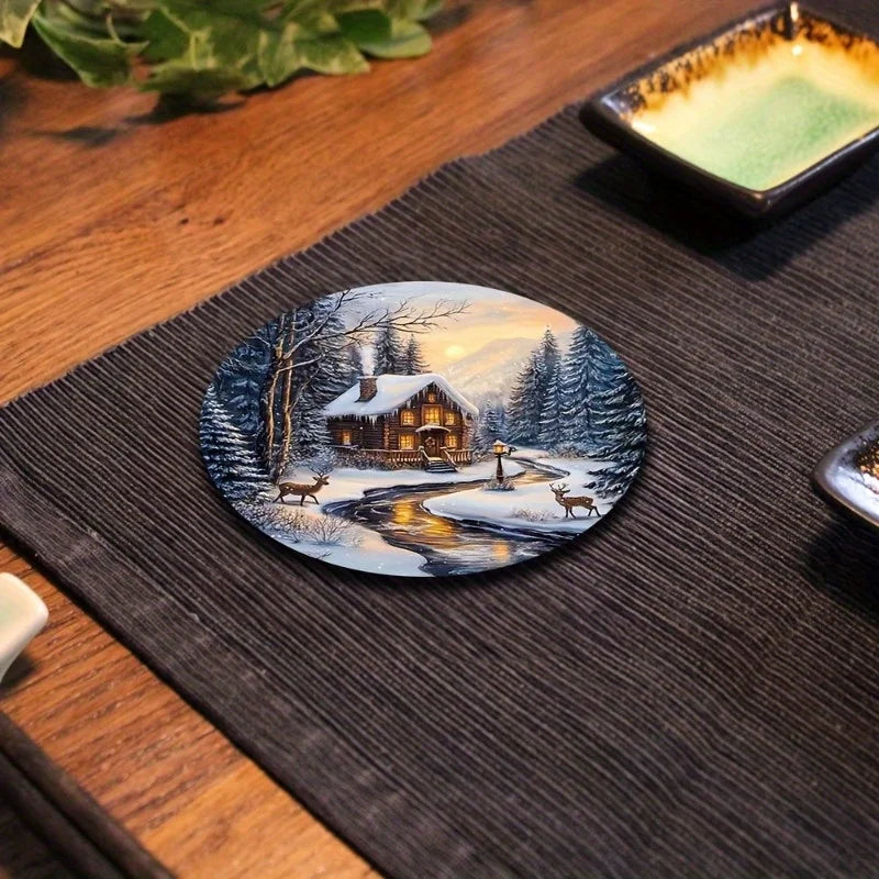 Wooden coaster set arranged on holiday table