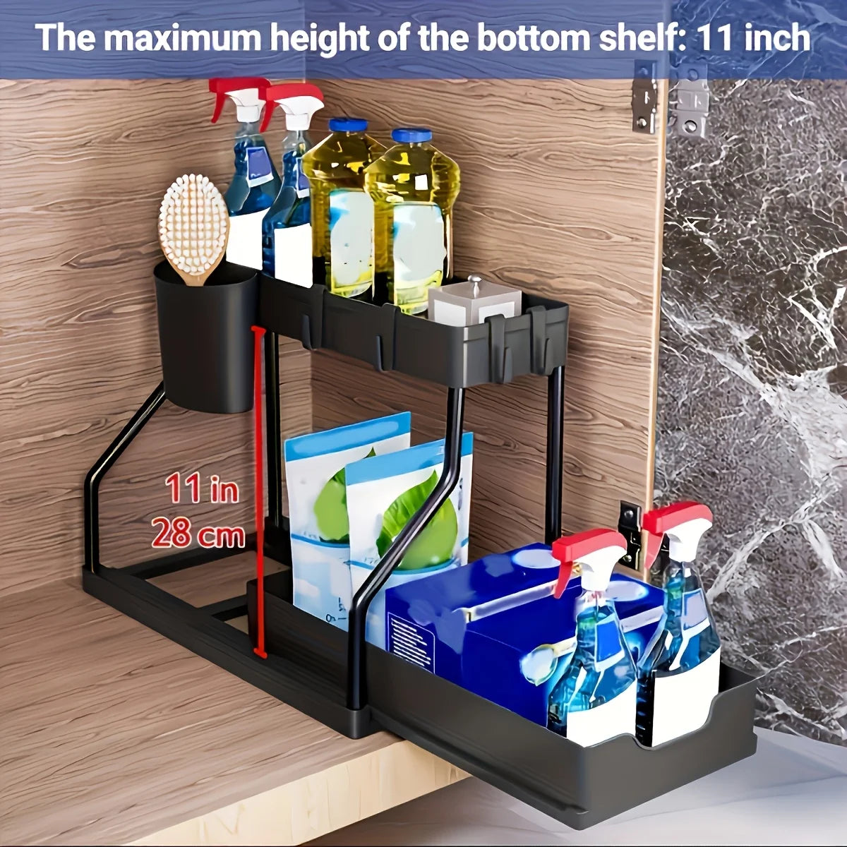 “2-tier pull-out metal under sink organizer with cleaning supplies”