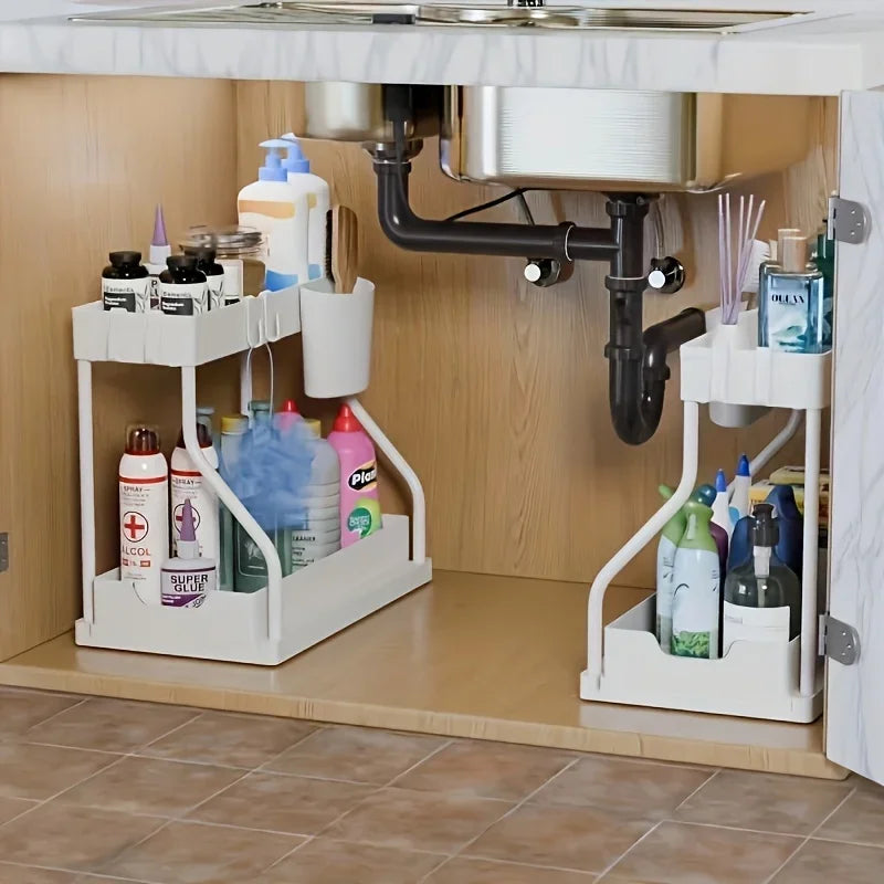 “2-tier pull-out metal under sink organizer with cleaning supplies”